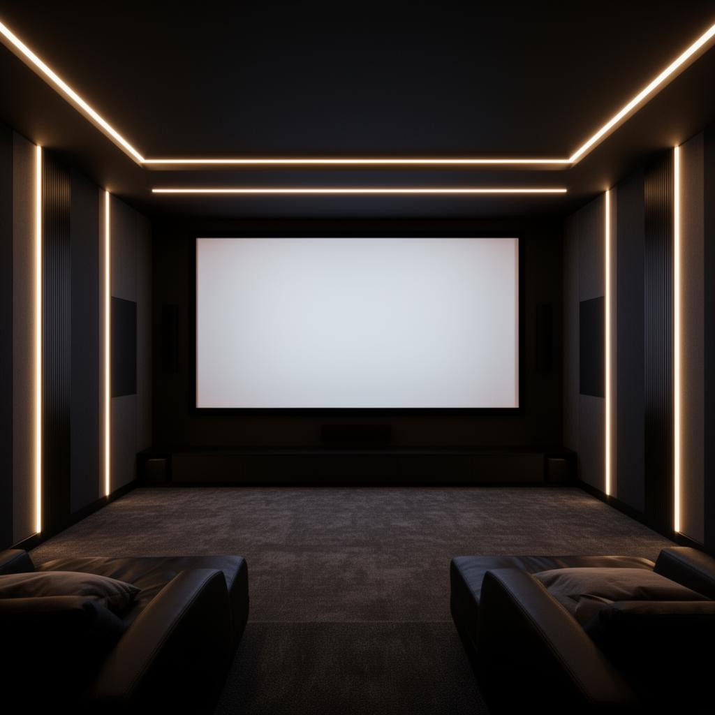 Sala de home cinema premium com iluminação ambiente