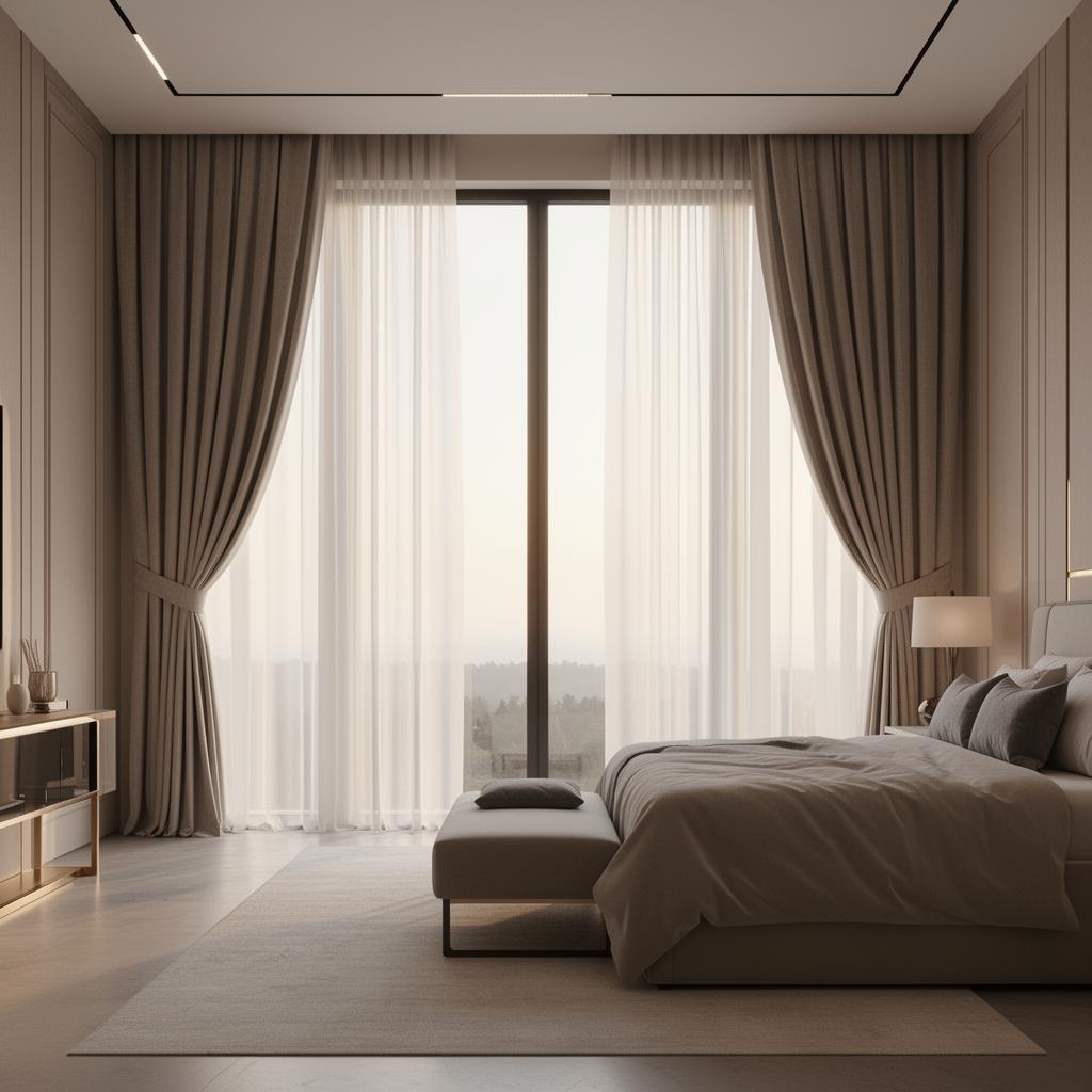 Cortinas automatizadas em quarto contemporâneo
