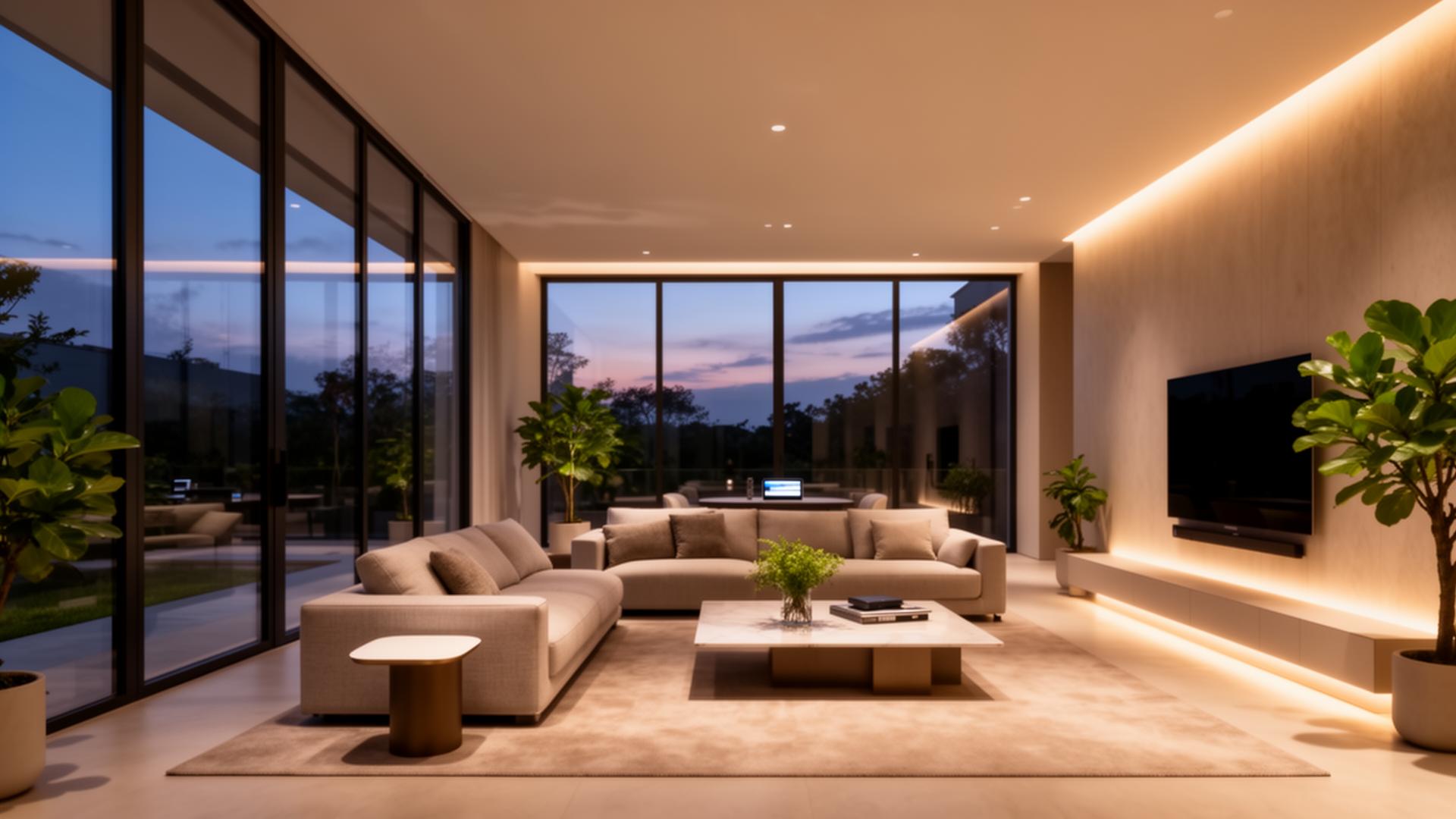 Sala de estar de casa inteligente moderna com iluminação cênica